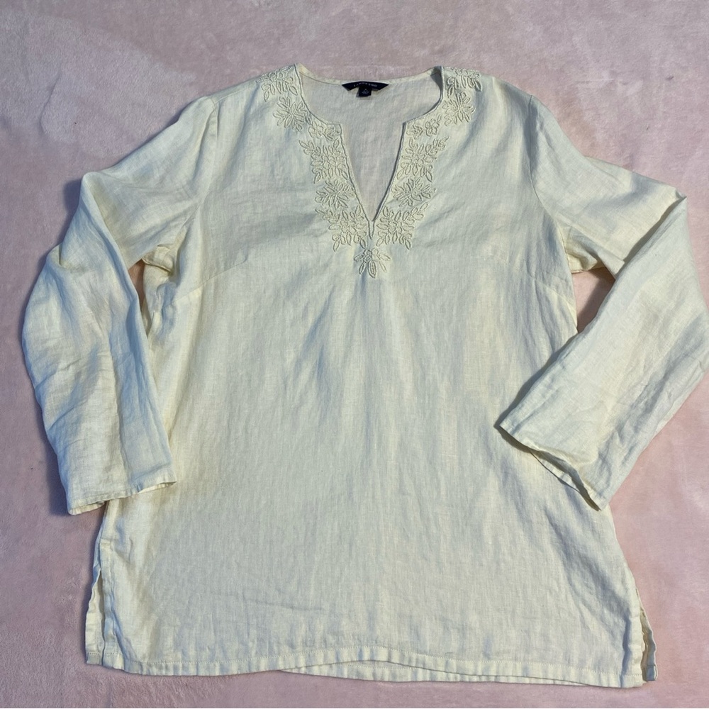 Lands End linen Ivory Cream Caftan‎ Blouse Top Beading Size Medium 10/12